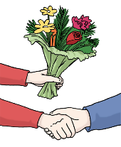 Hände-Schütteln und Blumenstrauß